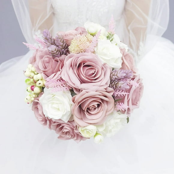 Abbie Home Bouquet de Mariage pour Mariée - 9 Pouces Rose Poussiéreux Blanc Roses Toucher Réaliste Fleur de Mariage avec Poignée en Jute Vintage et Décor de Succulentes et Baies (Bouquet)