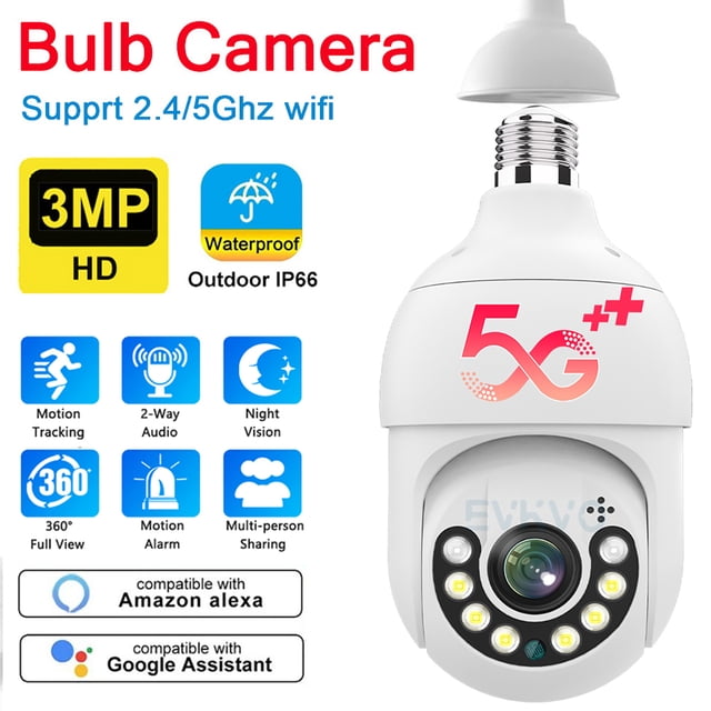 Cámara IP de Seguridad WiFi con Bombilla de Luz de 5G y Cámara de 3MP a Prueba de Agua con Base E27