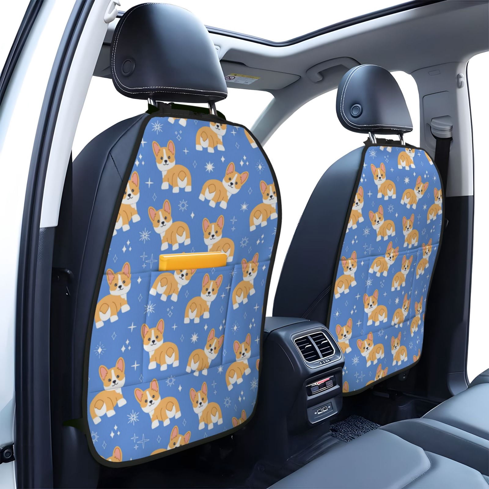 Kdxio Kawaii Corgi Print 2 Pack Car Kick Mat Seat Cover Back Protector Mat with Pockets for Organizer Backseat Protector and Storage Anti Kick Pad for Vehicles