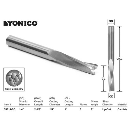 

Yonico CNC Router Bit Low Helix Up Cut 1/4 X 1 X 1/4 X 2-1/2 - 35314-SC