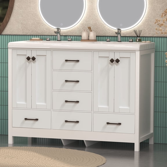 Jarbalai 47" Freestanding Bathroom Vanity with Double Ceramic Basin and 5 Drawers and 2 Cabinets, White