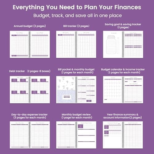 Monthly Budget Planner Book (Undated) with 12 Pockets for Income, Debt, Saving, Expense and Bill Tracker Organizer, Purple, Spiral Design