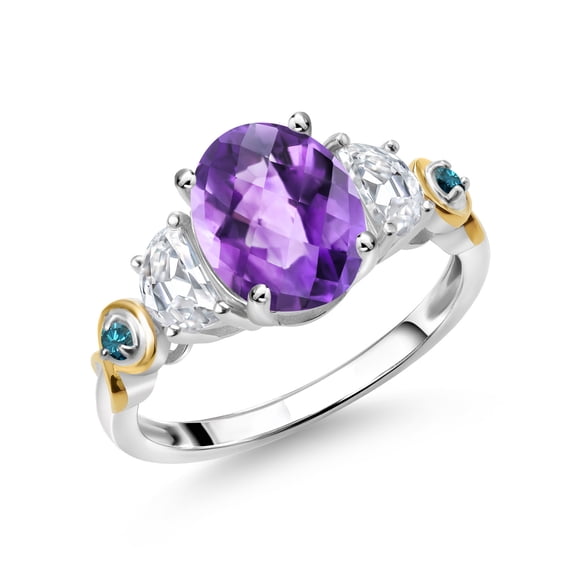 Gem Stone King 925 Silver and 10K Yellow Gold 3-Stone Ring Oval Checkerboard Purple Amethyst and Moissanite (2.01 Cttw, Size 6)