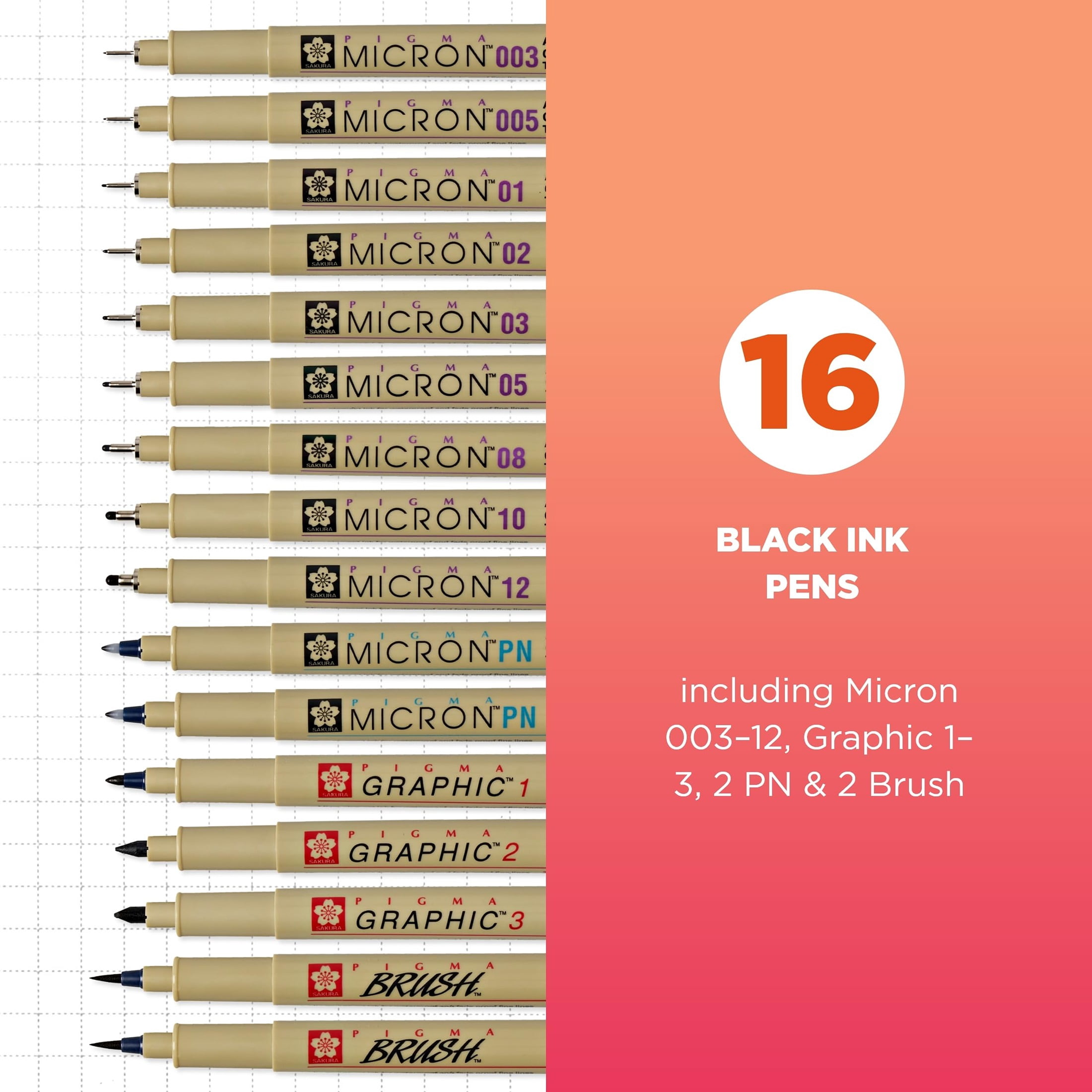 SAKURA Pigma Micron Fineliner Pens - Archival Black Ink Pens - For Writing, Drawing, or Journaling - Assorted Point Sizes - 16 Pack