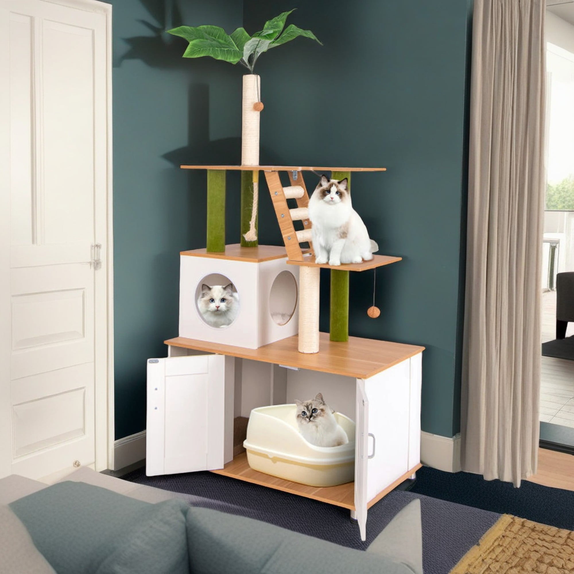 resenkos 69" Cat Tree Tower with Litter Box Enclosure, 2-in-1 Modern Cat Condo with Scratching Posts, Washable Cushions, Hidden Cat Washroom, White