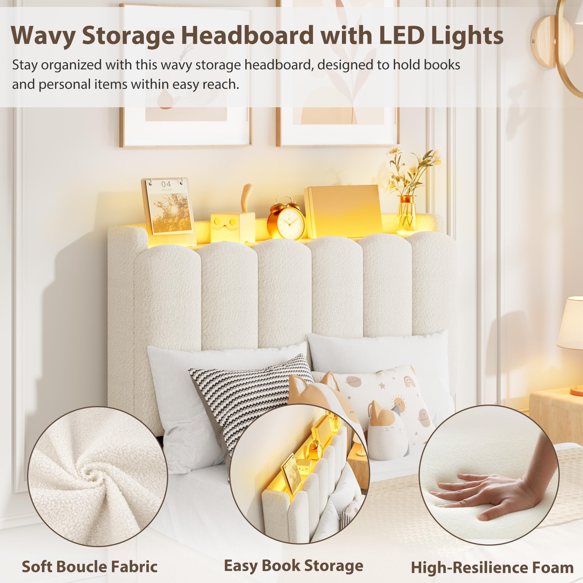 Bed Frame with 2 Storage Drawers, Upholstered Bed Frame Queen Size with LED Lights Headboard, No Box Spring Needed, Easy Assembly