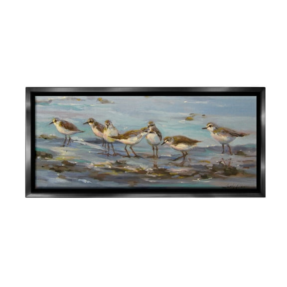 Stupell Industries Sandpiper Flock on Shore Animals & Insects Painting Black Floater Framed Canvas Art Print Wall Art, 25 x 11