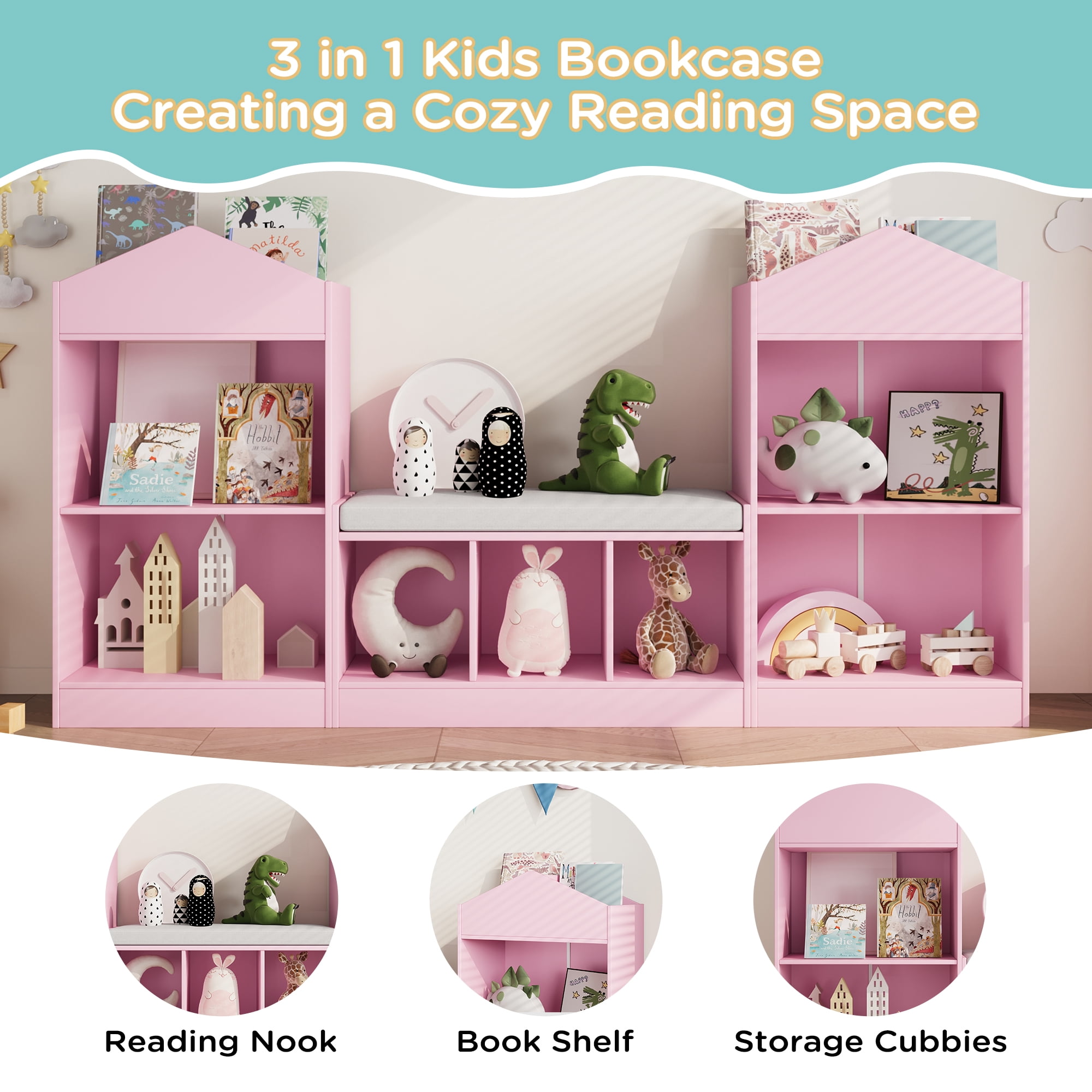 68.9“ Kids Bookshelf with Reading Nook, Toy Storage Organizer with Seat Cushion and 7 Storage Cubbies, Wooden Kids Bookcase, Toy Organizers and Storage for Nursery, Playroom, Pink