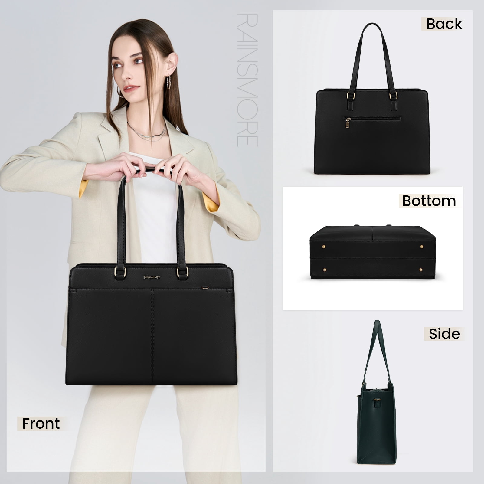 RAINSMORE Laptop Bag for Women 15.6 inch Laptop Tote Briefcase Waterproof Leather Computer Bag Work Tote Bags,Black