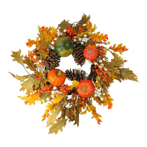 Northlight Fallen Leaves with Pine Cones and Pumpkins Artificial Thanksgiving Wreath, Orange 24-Inch