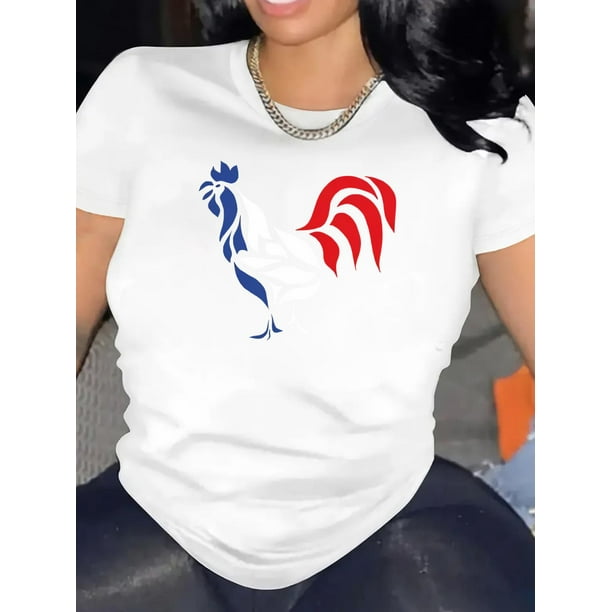 Chic French Rooster Graphic Women's T-Shirt - Casual & Sporty, Machine Washable Tee For Adult, Men, Women, Teen, Teenager, Adolescent, Youth