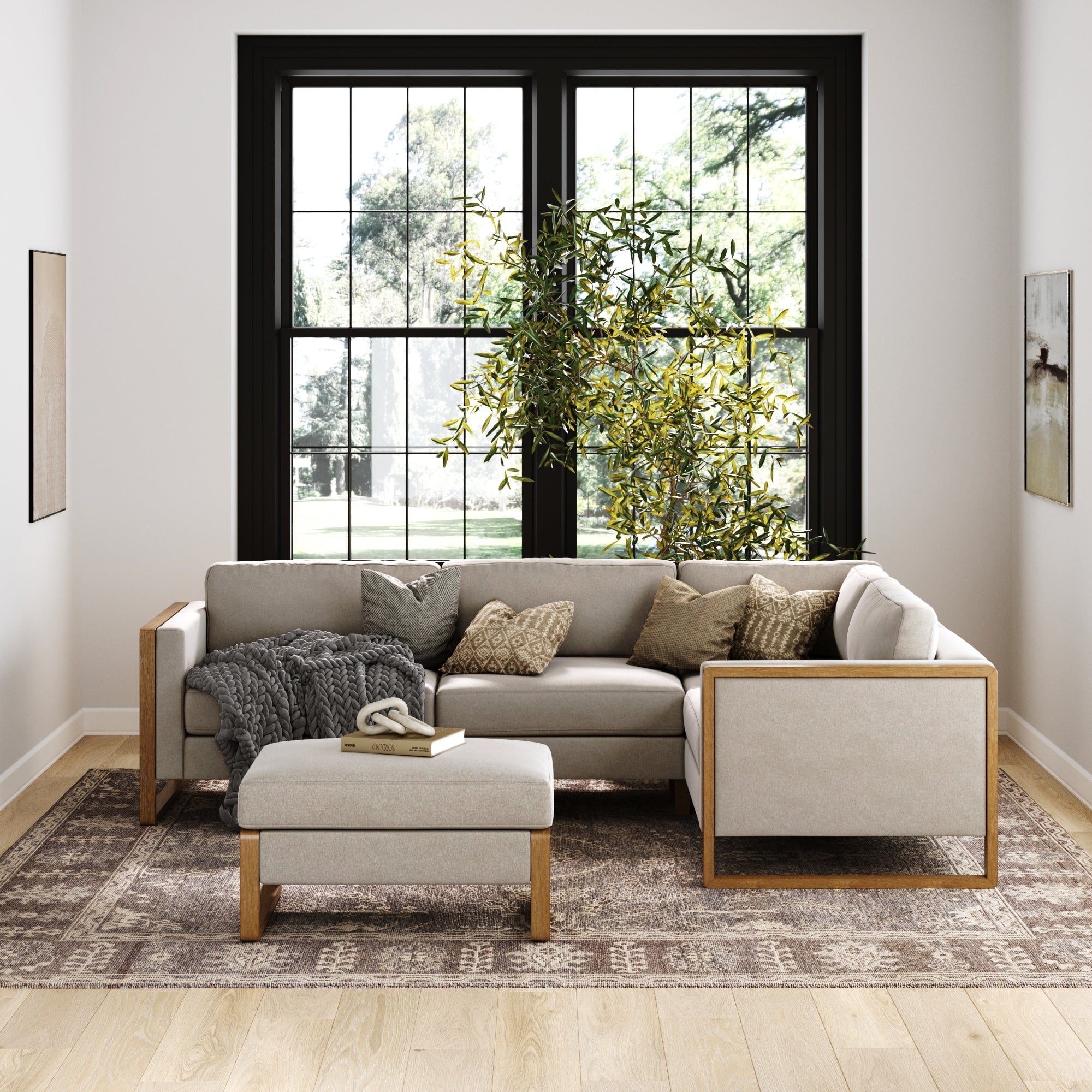 Nathan James Madison Modern Modular L-Shaped Sectional Sofa with Storage Ottoman, Upholstered 4-Seat Corner Sofa Set with Cushion and Solid Wood Legs, Sand/Light Brown