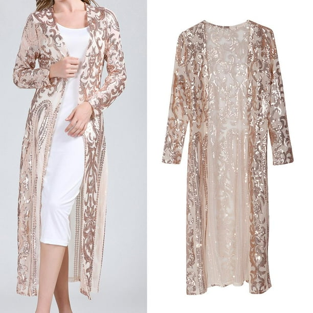 Mujeres Lentejuelas Long Cardigan Manga Larga Chaqueta para proteger - dorado Yinane Abrigo delantero abierto de lentejuelas para mujer