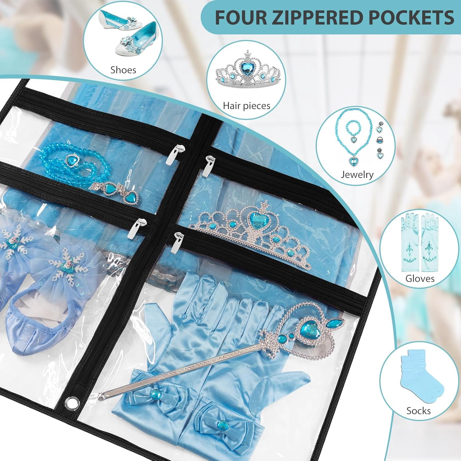 6 Packs Clear Dance Garment Bags for Dancers with 4 Pockets, 40" Kids Dance Costume Garment Bag for Travel and Dance Competition, Hanging Clothes Storage for Dress, Uniform, Black