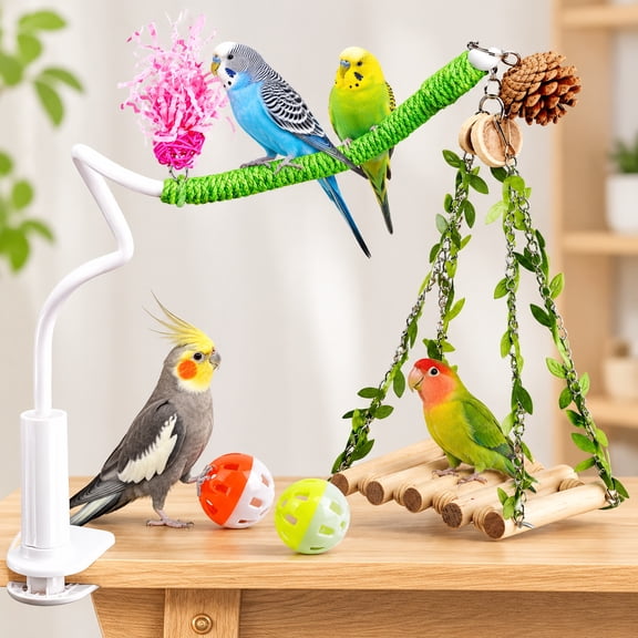 Bendable Clamp-on Tabletop Bird Playstand with Swing & Foraging Toys, Non-Slip Rope Perch for Budgies, Cockatiels, Lovebirds