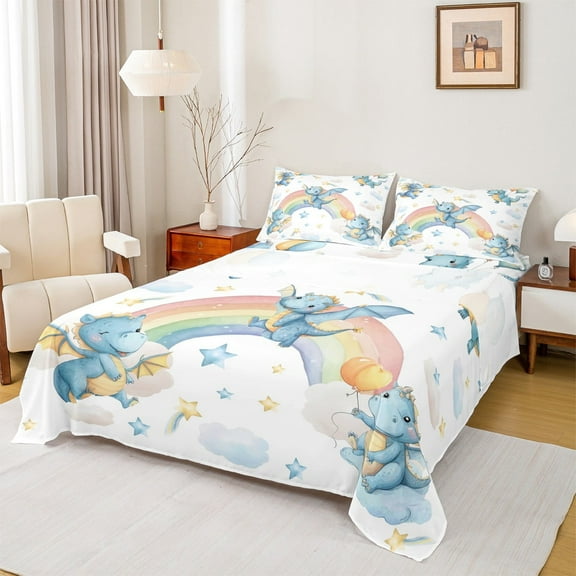 Castle Fairy Blue Dragon 3pcs Twin Sheet Sets,Starry Sky Twin Fitted Sheet,Cartoon Rainbow Breathable Flat Sheet,Super Cozy Cute Room Decor