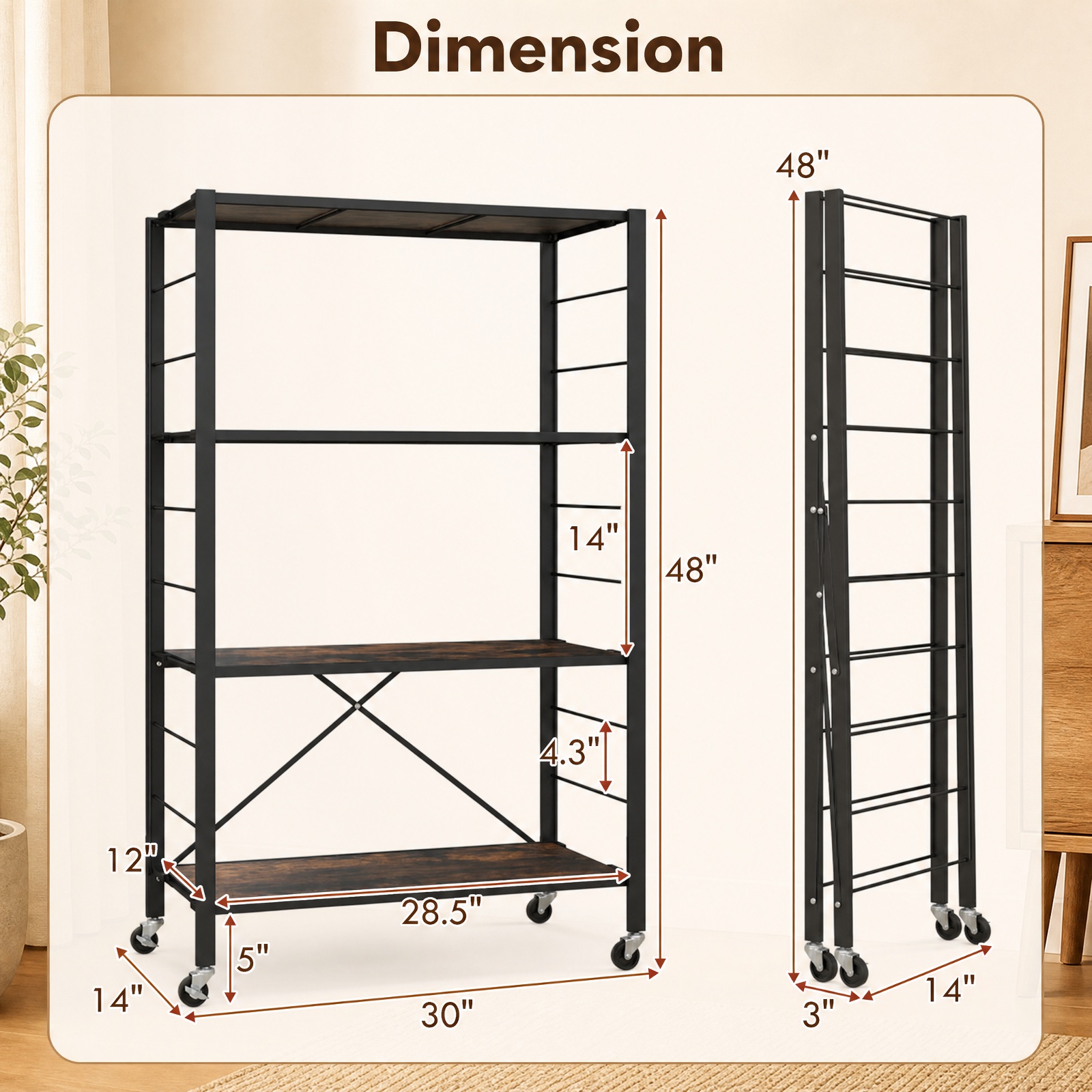 RUIE 4-Tier Foldable Storage Shelf with Wheels, Rolling Utility Shelving Rack for Kitchen Living Room Tool Room, 180 lb Capacity, Black