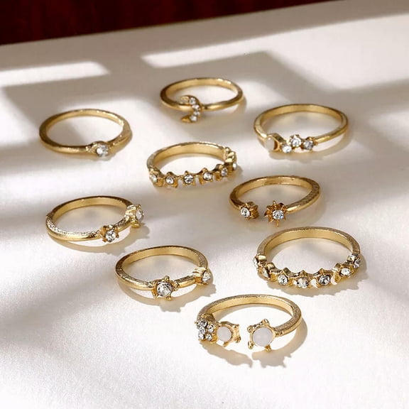 HOOUN 9Pcs Vintage Crystal Star Moon Rings Set Women Boho Finger Ring Fashion Jewe-yy
