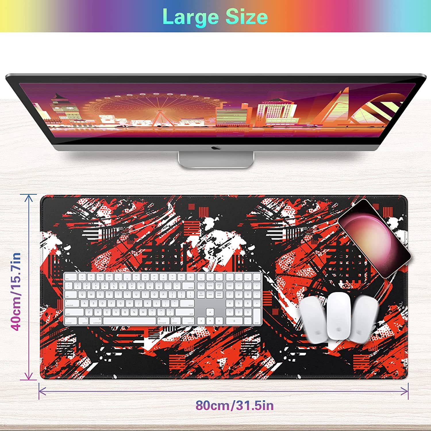 Gaming Mouse Pad, Extended Mouse Pad 31.5x15.7inch XXL Large Big Computer Keyboard Mouse Mat Desk Pad with Non-Slip Base and Stitched Edge for Home Office Gaming Work (Black Red Geometric)