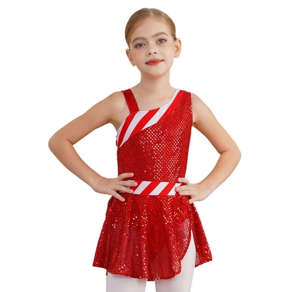 iiniim Christmas Dance for Girls Sequins Candy Cane Striped Figure Ice Skating Leotard Dress Red 6