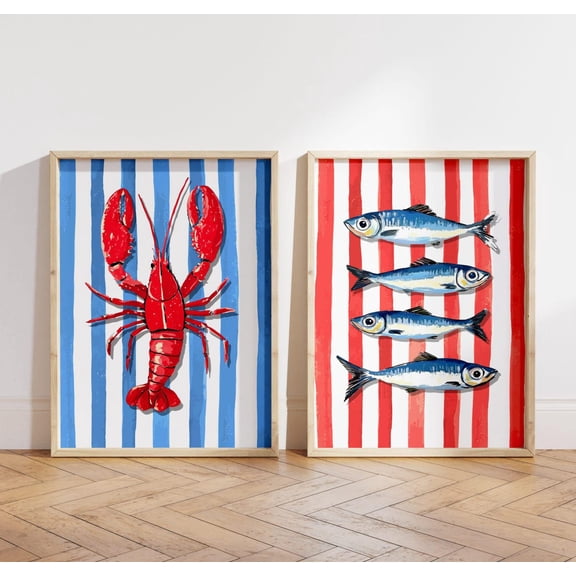 Lobster & Sardines Coastal Kitchen Wall Art Fisherman Aesthetic Nautical Prints Set 2 Unframed Paper Print 8x12
