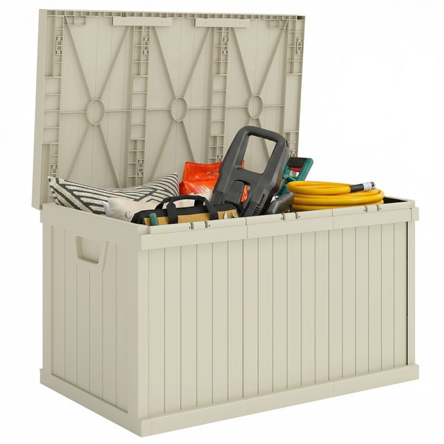 Outsunny 70 Gallon Deck Box, Resin Outdoor Storage Box with Handles, Sand