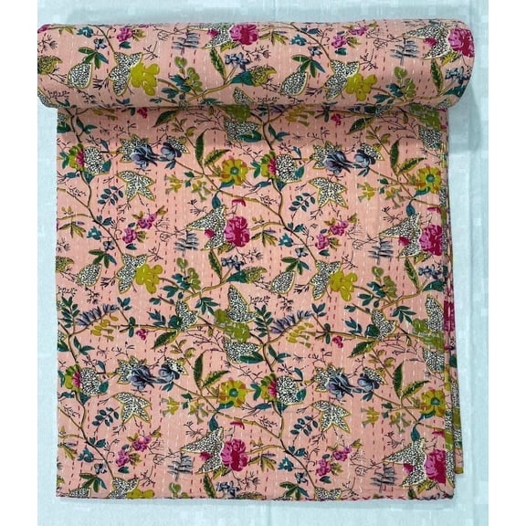 Ozark Textile Handmade Pink Floral Kantha Quilt Handmade Cotton Block Print Bedspread Reversible Blanket Boho Cottagecore