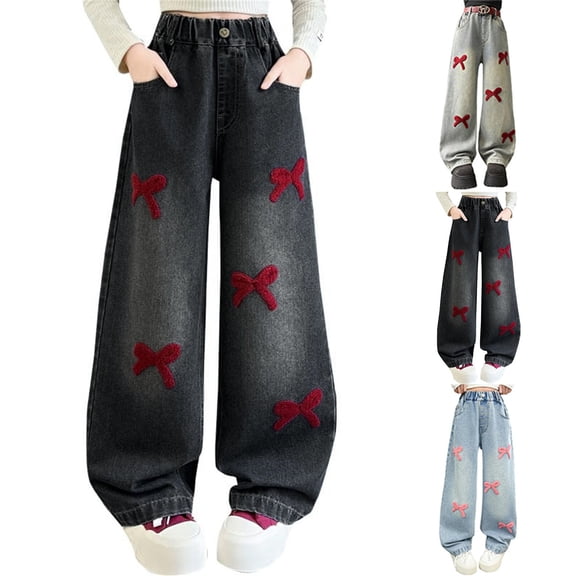 Blekii Girls Bow Print Wide Leg Jeans, Girls Bow Print Wide Leg Jeans, Baggy Pants High Waisted Trousers, Cute Casual Streetwear for Kids 6-16 Years Baggy Denim Pants High Waist Streetwear, Casual