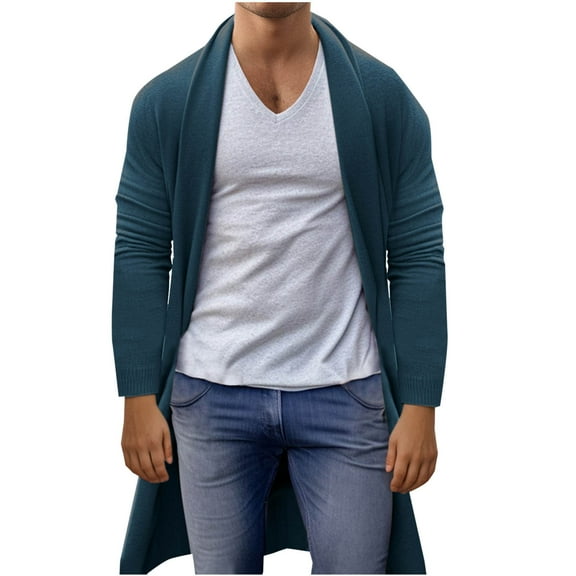 qolati Men's Long Cardigan Sweater Casual Open Front Shawl Collar Knitted Cardigans Long Sleeve Sweaters Outwear