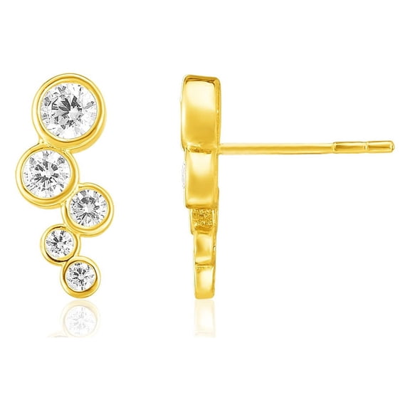 14k Yellow Gold Climber Post Earrings with Circles and Cubic Zirconias