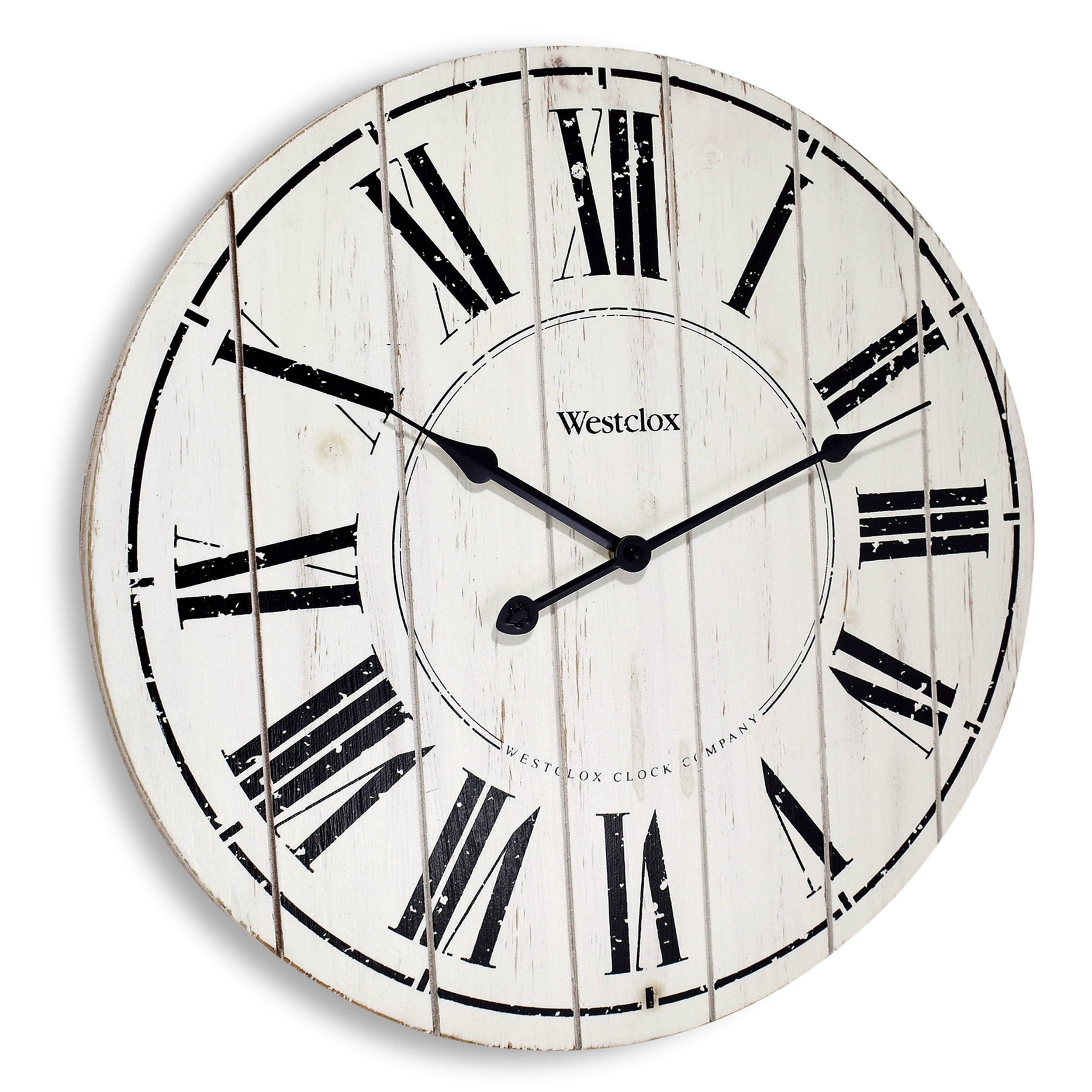 18" White Washed Wood Analog QA Wall Clock with Distressed Finish