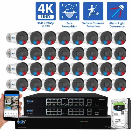 GW Security 32 Channel NVR UltraHD 4K Full-Time Color Night Vision PoE Security Camera System with (32) 8MP Two-Way Audio PoE Outdoor Cameras, AI Human & Cars Detection with Alarm Lights