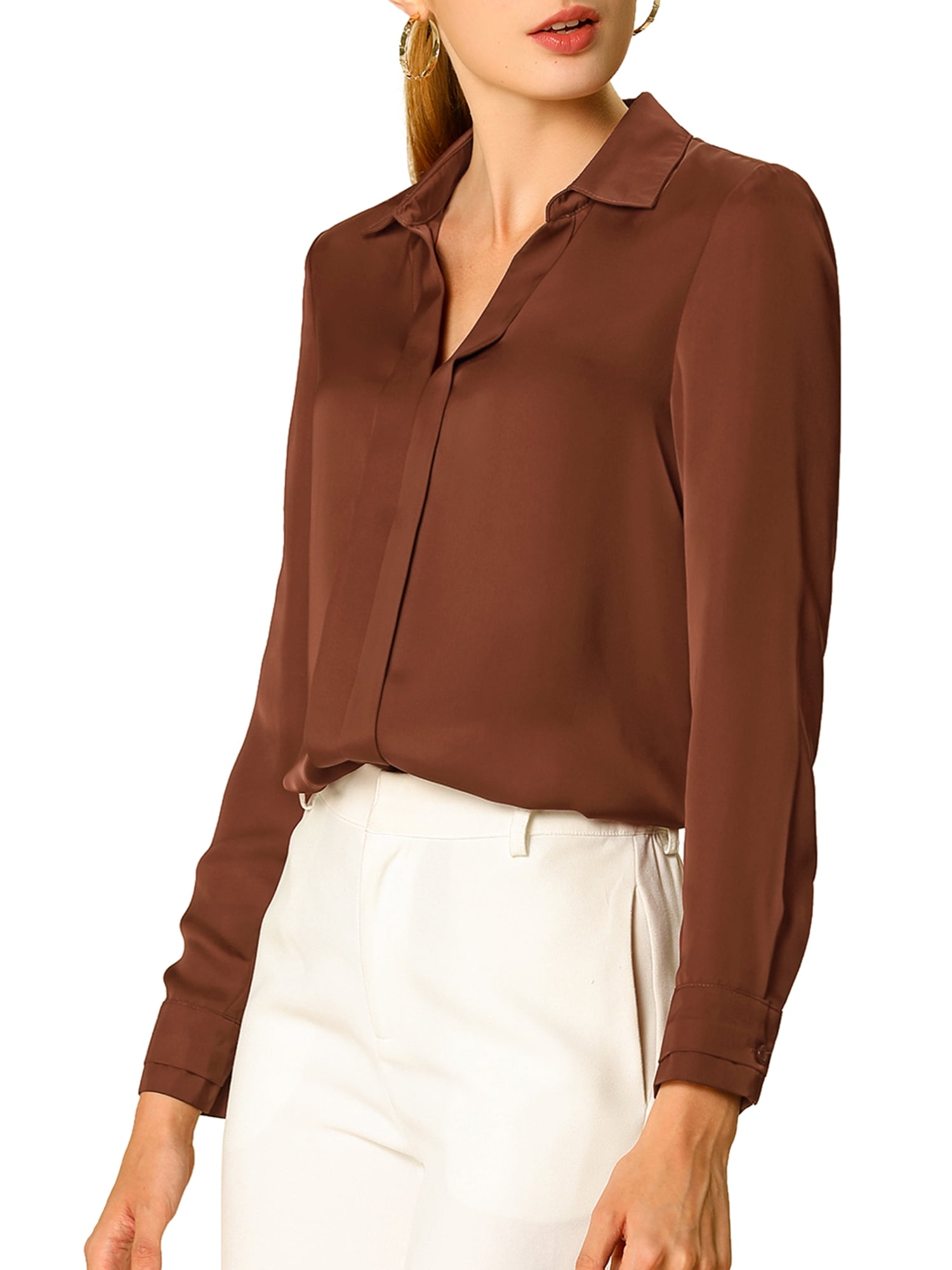 DARING DIVA Women's V Neck Classic Work Office Long Sleeve Shirt XL Brown