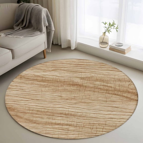 Round Area Rug 3 Ft, Country Farmhouse Washable Non-Slip Circle Carpet for Living Room/Bedroom, Vintage Brown Wooden Grain Low-Profile Small Floor Mats Collection Rugs for Indoor