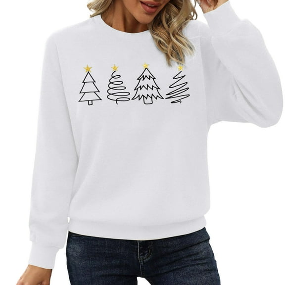 Fiaer Ladies Sweatshirts Christmas Tree Crew Neck Pullover Long Sleeve Baggy Plus Size Fashion Xmas Tops White XL