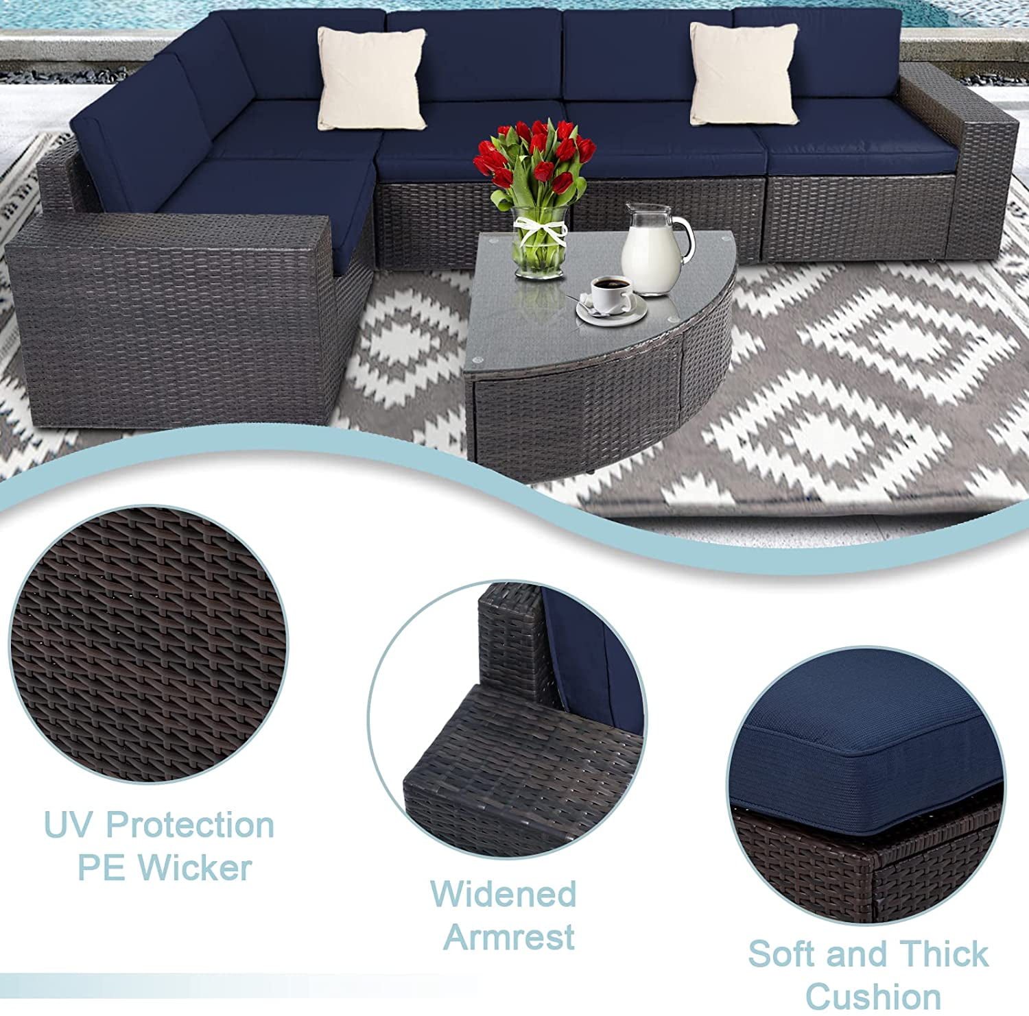 SUNCROWN 6-Piece Patio Furniture Sets Brown Wicker Outdoor Conversation Set with Coffee Table and Navy Blue Cushions