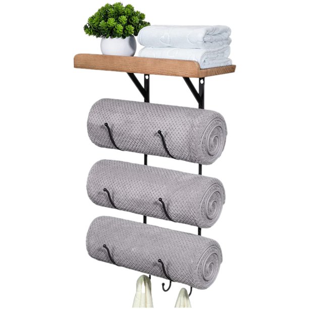 Towel Rack Wall Mounted Towel Holder with Wooden Shelf Bathroom Towel