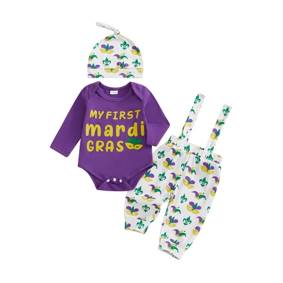BemeyourBBs Baby Boy Girl My First Mardi Gras Outfits Letter Print Romper Suspender Pants Set Hat Spring Fall Carnival Clothes