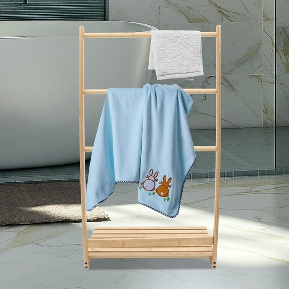 Miumaeov Bamboo 3 Tier Towel Rack for Bathroom Free Standing Beach Towel with Storage Shelf and Bottom Organizer for Bath Laundry