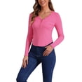thumbnail image 4 of Camisetas Henley de punto acanalado ajustadas de manga larga con botones y escote en V para mujer INSPIRE CHIC XL Rosa, 4 of 6