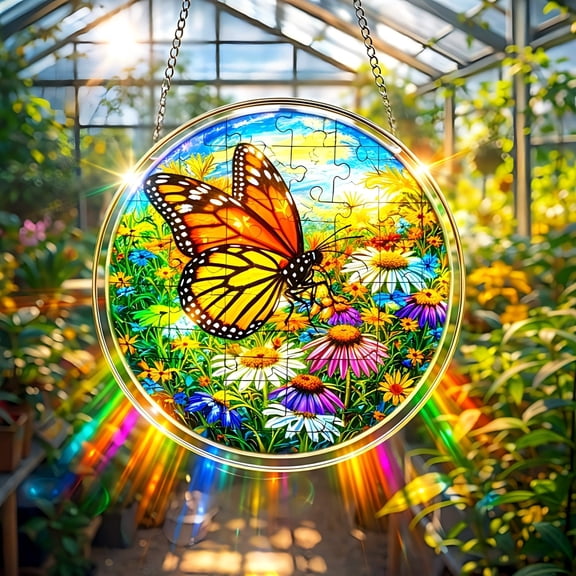 Round Acrylic Hanging Decor 20cm with Metal Chain, Colorful Art Ornament for Indoor Outdoor Garden Patio, Stained Glass Style Suncatcher for Wall Window or Tree Decoration