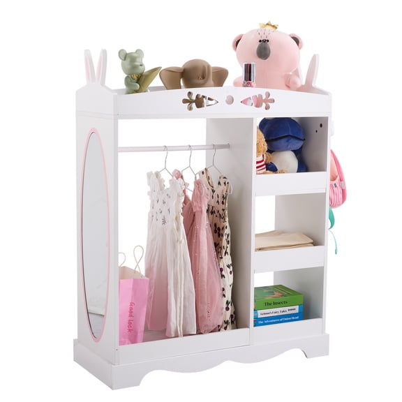 White MDF   Particleboard Children's Wardrobe with 1 Mirror, 3 Shelves, and 1 Clothes Rod; Rabbit Ear Design