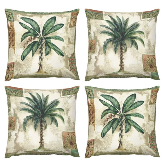 Tropical Palm Tree Throw Pillow Covers 20 x 20 Inch Summer Outdoor Green Leaves Decorative Pillow Cases Polyester Linen Cushion Covers for Couch Sofa Home Decor Set of 4