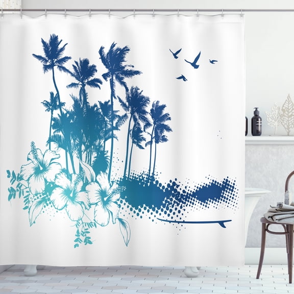 Vintage Palm Shower Curtain, Scene of Palm Trees Hibiscus Flowers and Birds Flying on an Island, Fabric Bathroom Set with Hooks, 69W X 70L Inches, Night Blue Cadet Blue, by Ambesonne