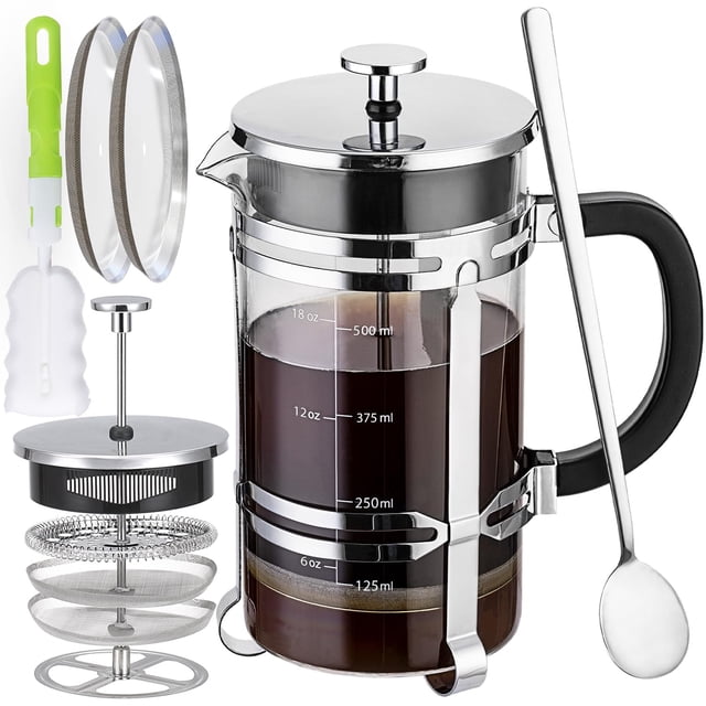 Cafetera de prensa francesa (21 oz), prensa de café de acero inoxidable 304 con pantalla de 4 filtros, 100% sin residuos, vidrio de borosilicato alemán resistente al calor, SIN BPA, apto para lavavaji