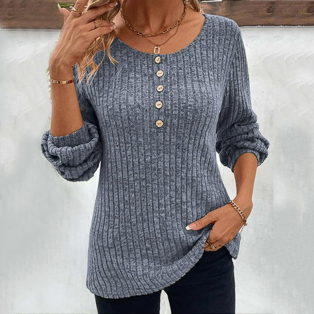 Gibobby Blusas De Manga Larga Para Mujer Nueva camiseta de manga larga con retazos de botones de color solido molido a y cuello redondo para mujer Gris XXL Walmart en linea