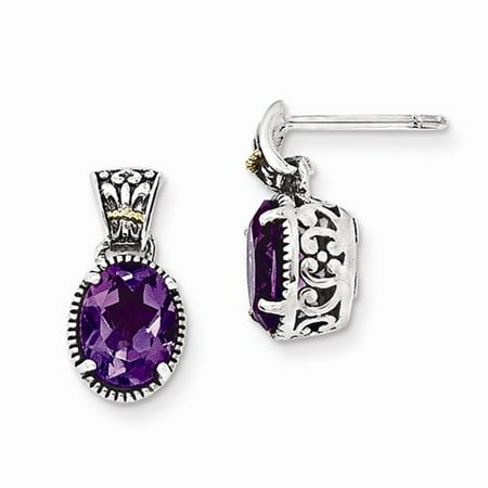 Sterling Silver 0.5IN Long w/ 14k Yellow Gold Amethyst Vintage Style Earrings