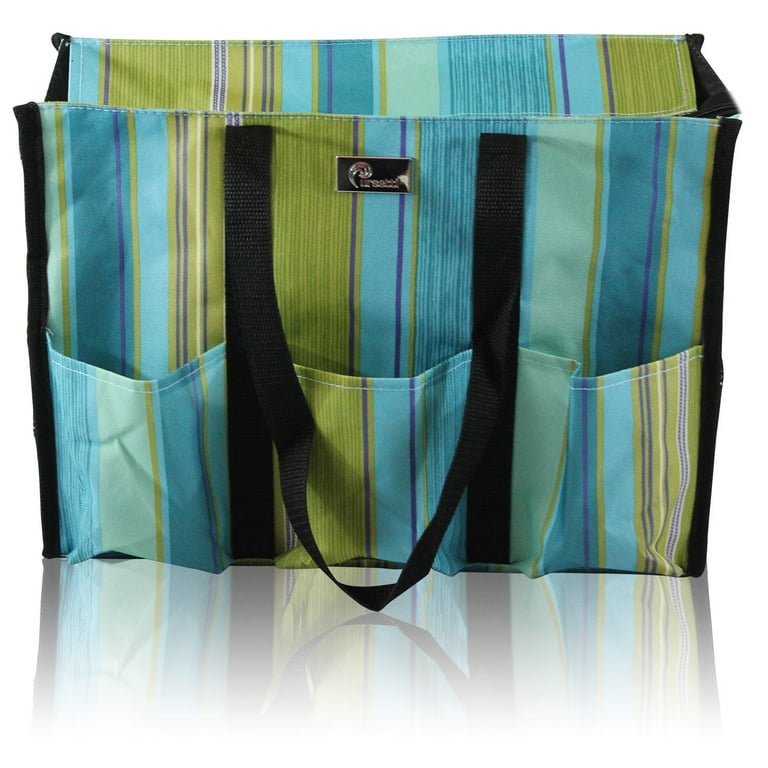 Pursetti Zip Top Organizing Utility Tote Bag with Multiple Exterior Interior Pockets for Working Women Nurses Teachers and Soccer Moms Teal Stripes Walmart