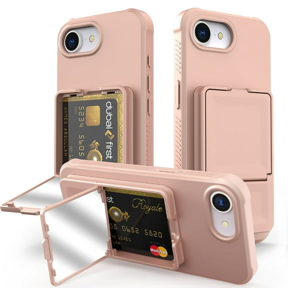 Allytechgroup iPhone 16e Case with Card Slots & Makeup Mirror, Rugged Shockproof Kickstand Bumper Protective Hard PC Cover Phone Case for Apple iPhone 16e, Rosegold