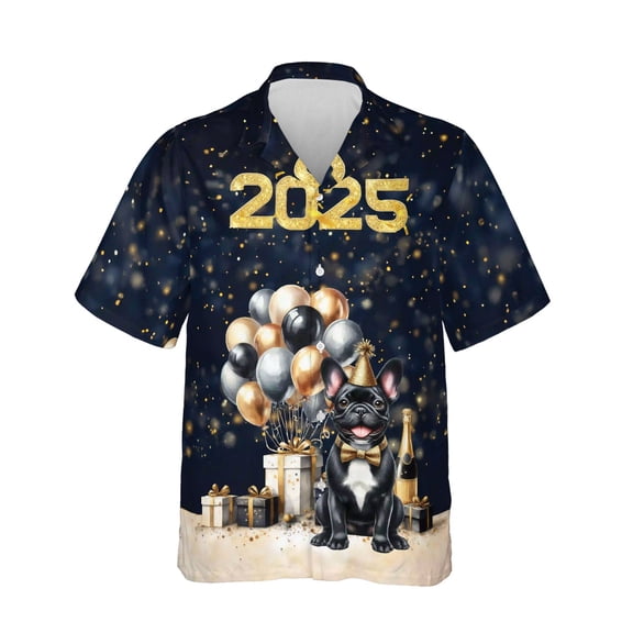 Happy New Year French Bulldog Welcome 2025 Balloon Firework Party Hawaiian Shirt Breathable Summer Unisex Merch Dog Lover Gifts - 01014